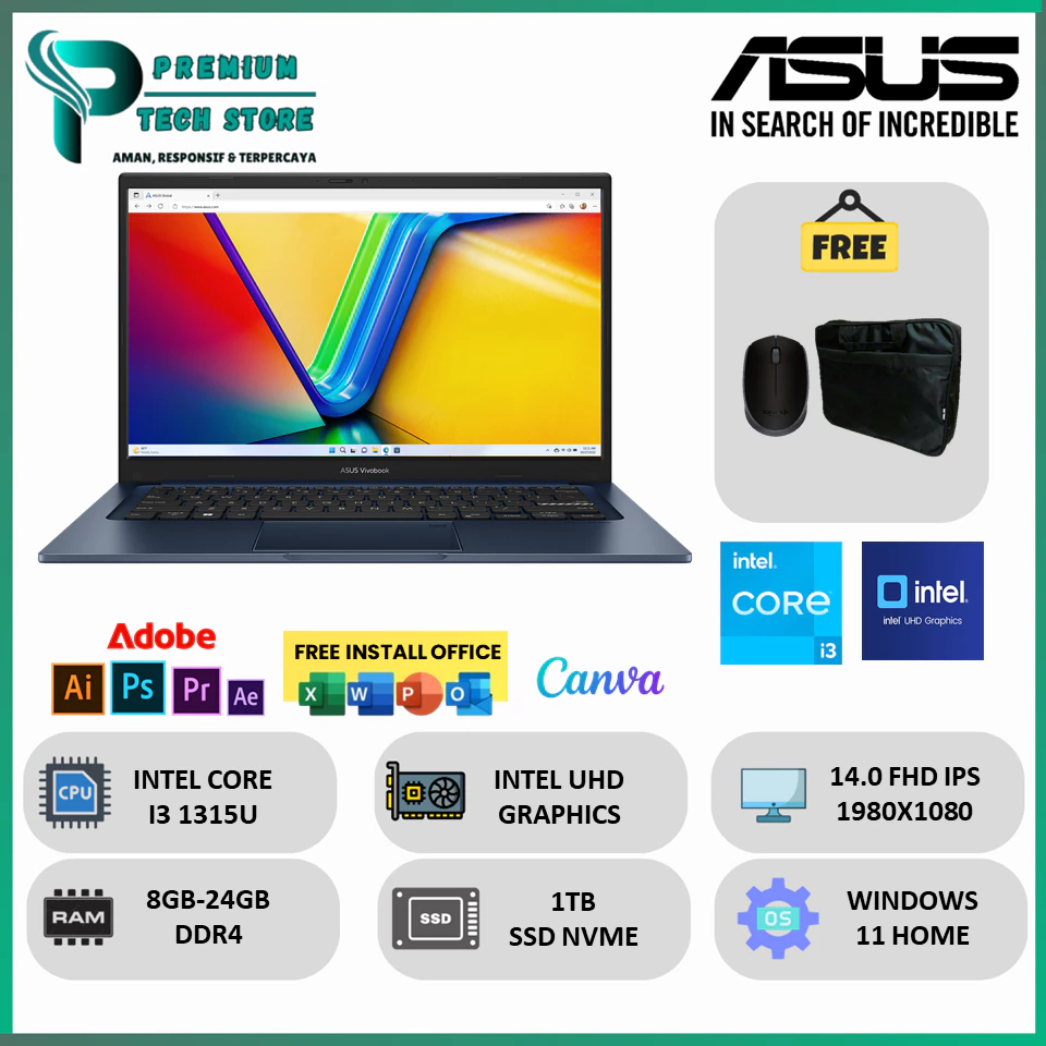 Laptop Asus Vivobook 14/15 Intel Core i3 / i5 Gen 13 RAM 24GB 512GB SSD FHD Windows 11 Original