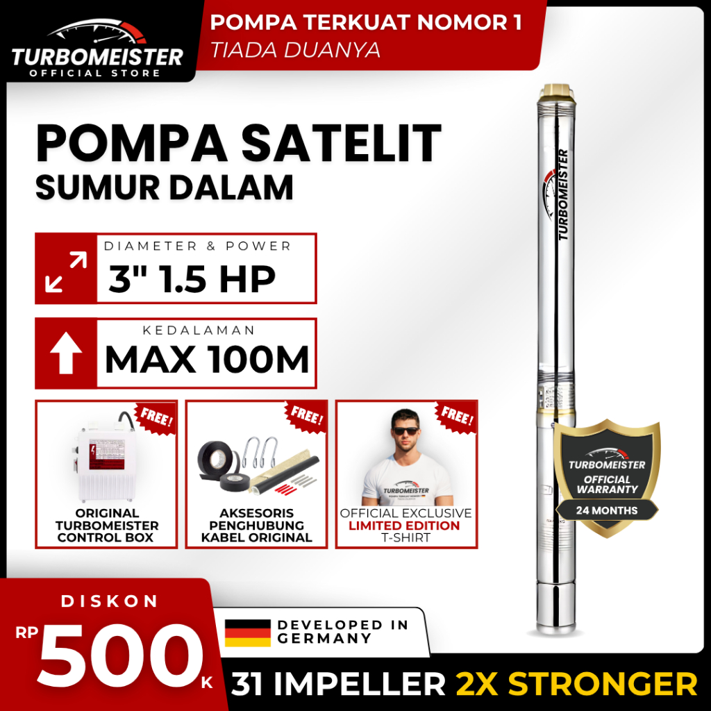 Pompa Satelit 3 Inch Turbomeister 1.5 HP - Pompa Submersible / Sibel - Sumur Dalam Maks 100 meter