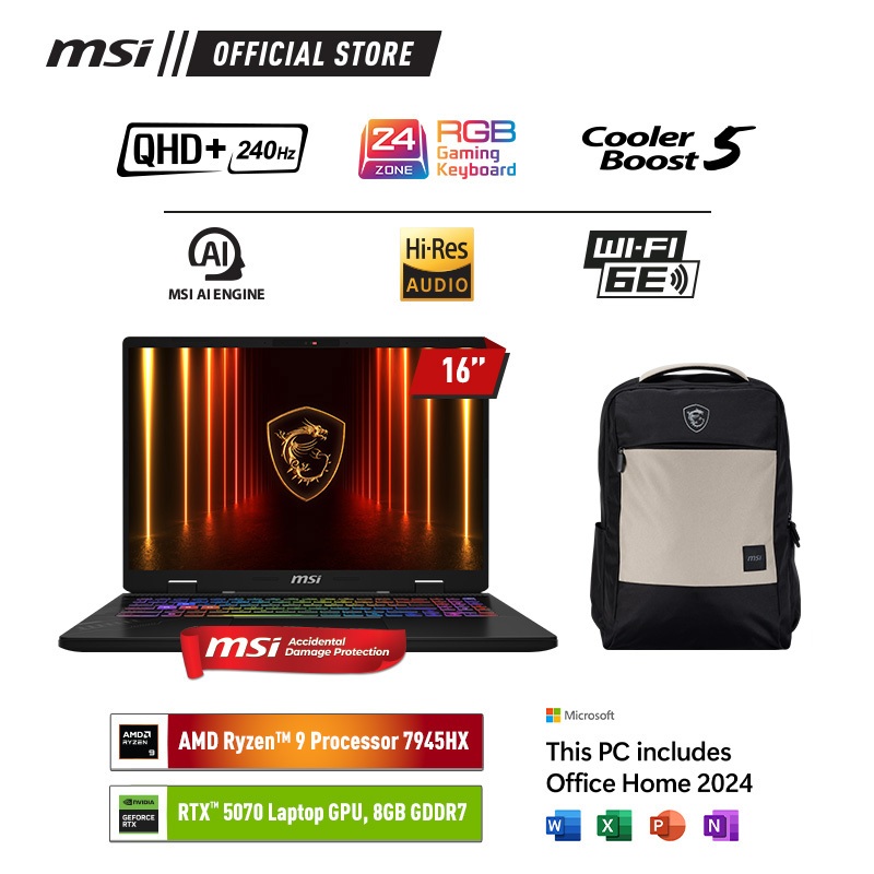MSI CROSSHAIR A16 HX RYZEN 9 7945HX RTX5070 16GB 512GB 16.0QHD+ 240HZ W11+OHS