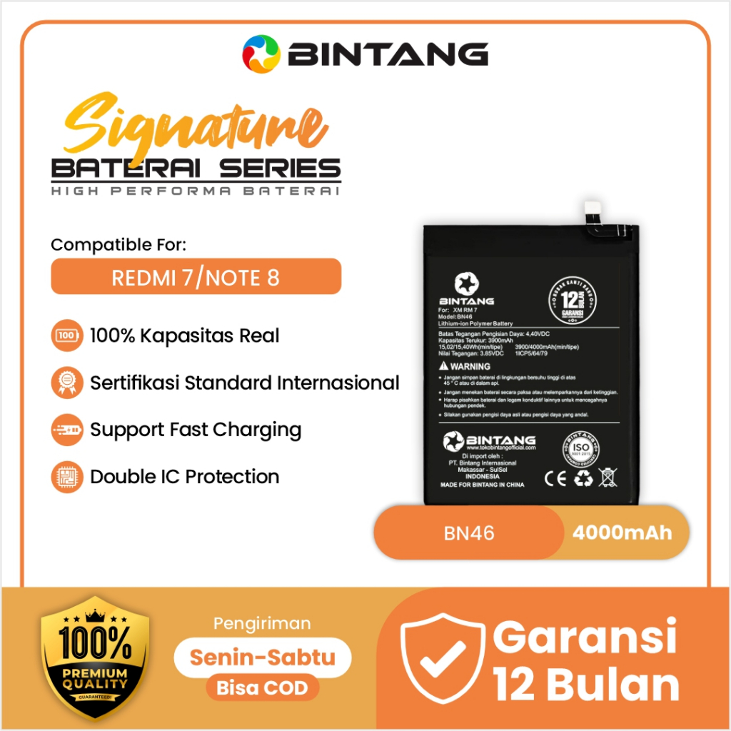 BINTANG Baterai Signature BN46 REDMI 7/NOTE 8 4000MAH Original Capacity XIAOMI Battery