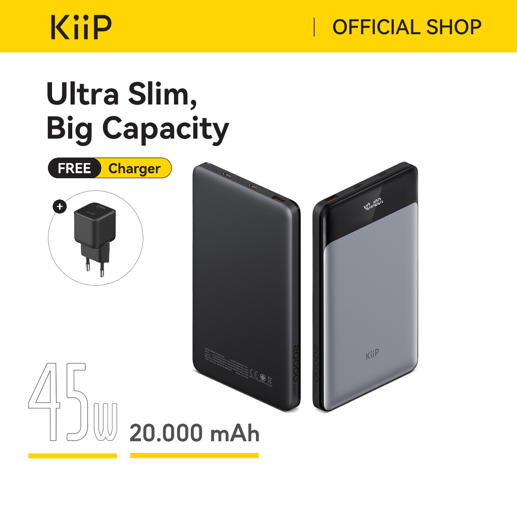 KiiP E14 Power Bank 20000mAh Fast Charging 45W Powerbank Slim LED Display