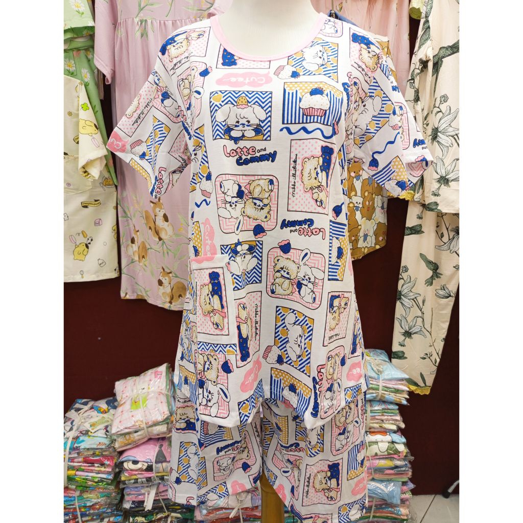 BKH Allsize Setelan Bahan Kaos Babydoll Oblong Celana 3/4 (Selutut) - Tangan Pendek