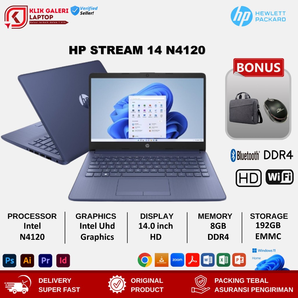 Laptop Baru HP 14 Intel N4120 RAM 8GB 192GB 14 Win11 Home Blue Original