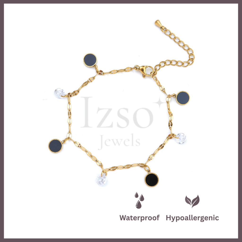 Gelang Tali Hitam dengan Ornamen Bulat Bahan Stainless Steel untuk Pria dan Wanita
