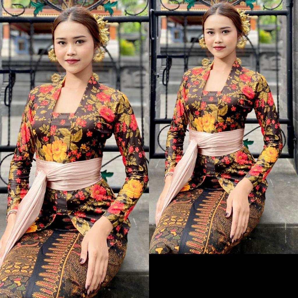 Kebaya Kaos Bunga Bahan Strait Baju Kebaya Kutubaru Motif Floral Kembang Tangan Panjang Jadul Melar