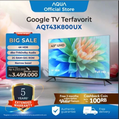 GOOGLE TV AQUA 43 INC UHD 4K AQT43K800UX NEW GARANSI RESMI +FREE PACKING KAYU (6173R)