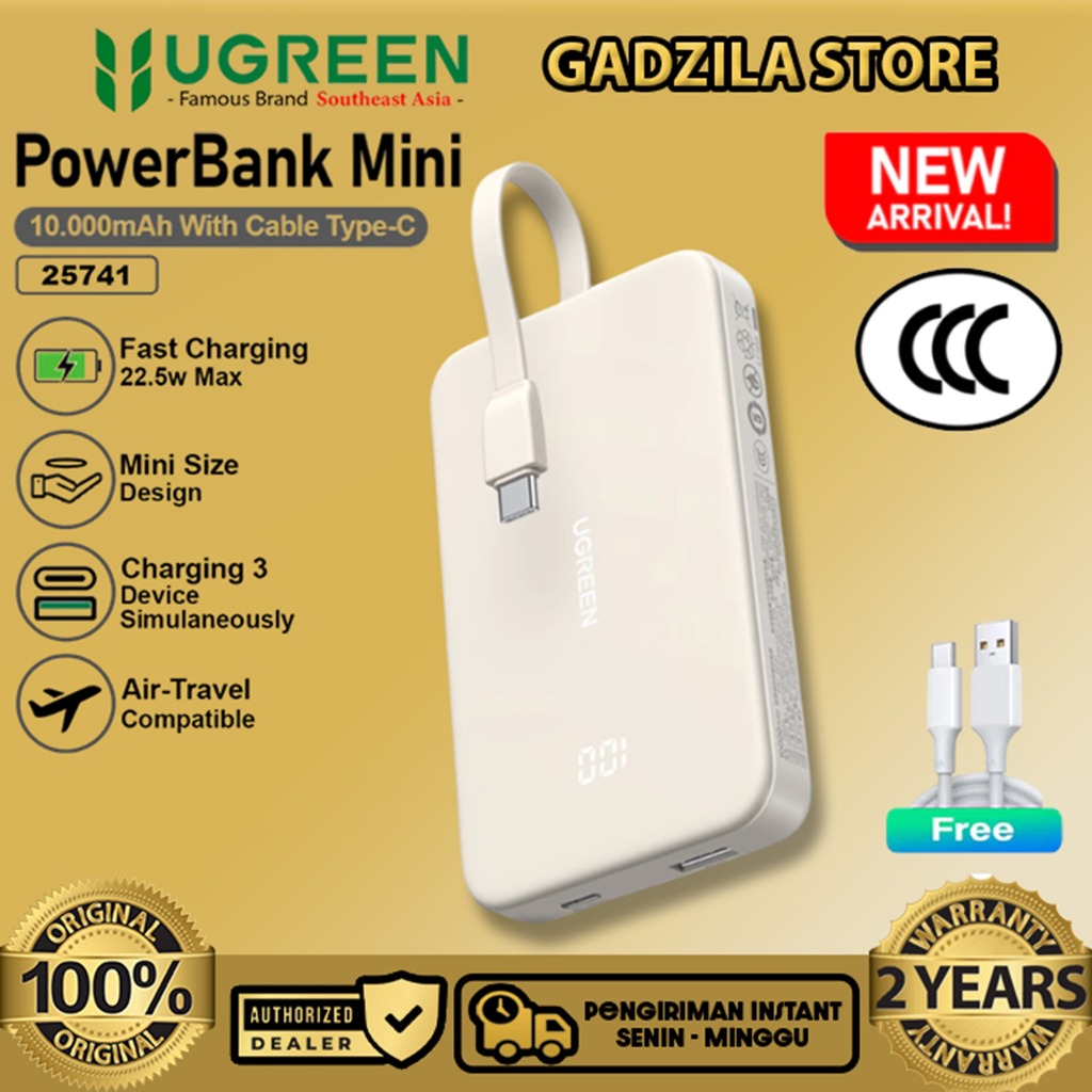 UGREEN Power Bank 10.000mAh PD QC 3.0 Power Bank Mini CCC Fast Charging 20W Built in Cable Type C