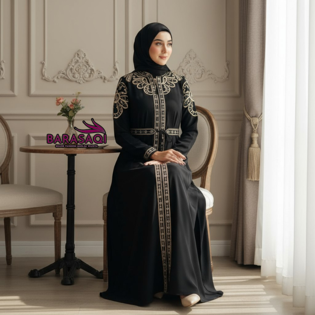 BARASAQI - Dress Kamila Gamis Set Hijab Embroidery Model Mewah Elegan Baju Pesta Wanita Kekinian