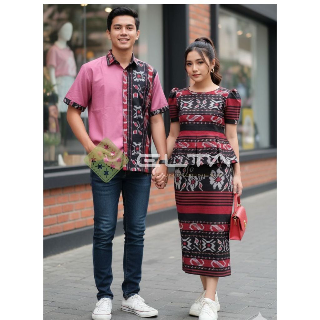 elta tenun Setelan Couple Tenun Motif NTT | Baju Pasangan Adat Modern Kemeja dan Dress