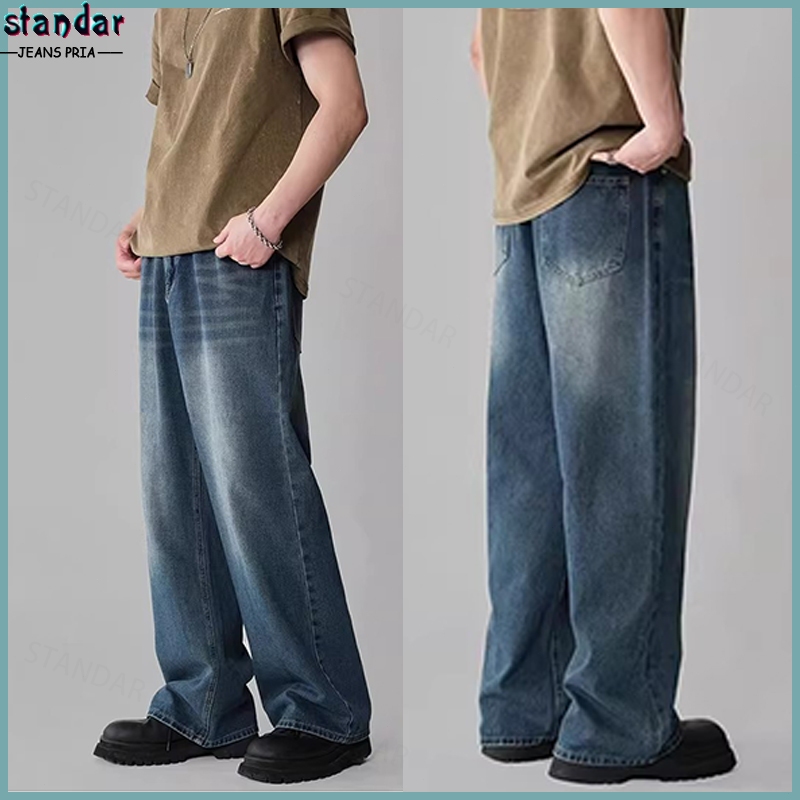 Celana Jeans Pria Retro Celana Panjang Pria Lurus Longgar