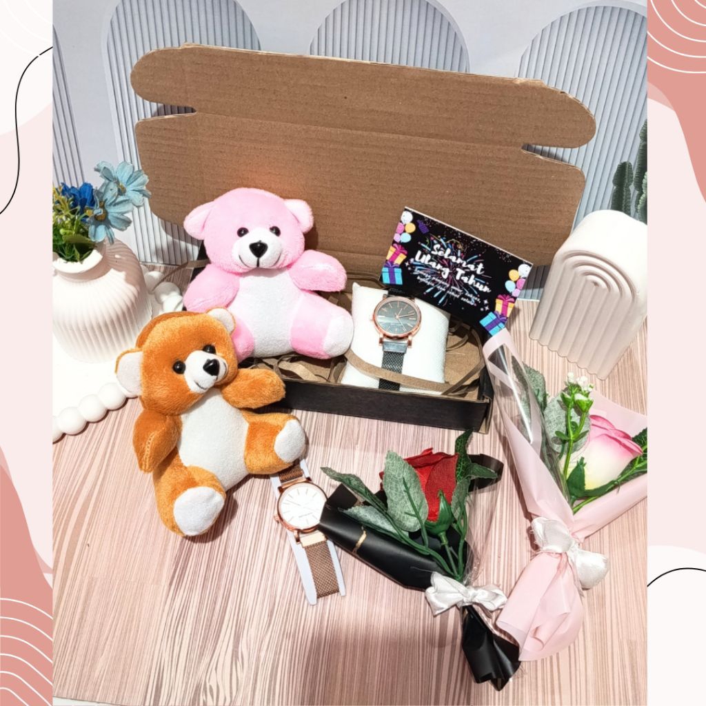 hampers cewek ulang tahun isi boneka dan buket mawar free box/hadiah cewek ulang tahun/hampers cewek