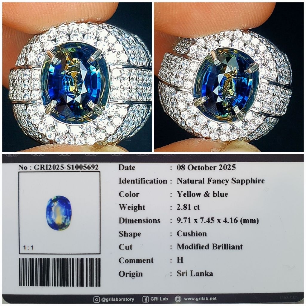 Natural Fancy Sapphire 2.81ct Blue & Yellow color Kristal eye clean luster oke ID GRI Ring Perak Mik