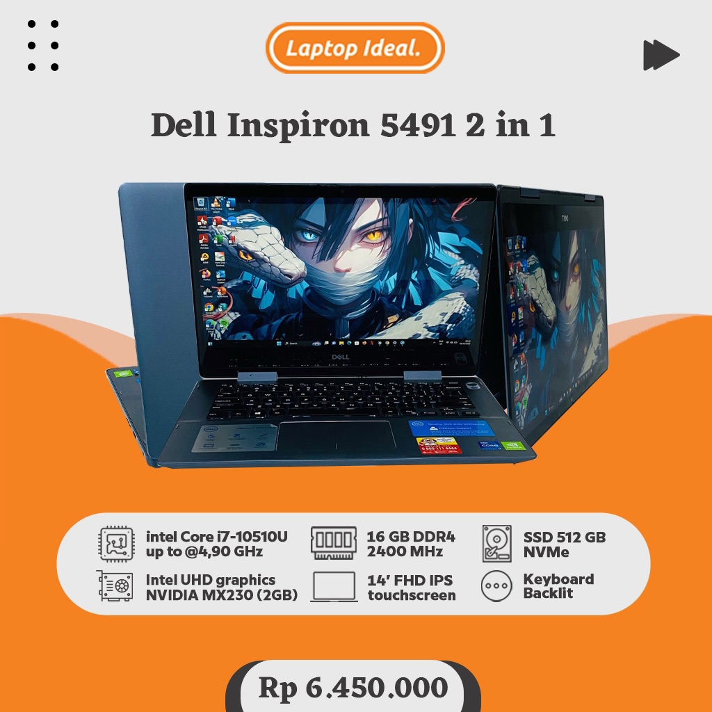 Dell Inspiron 5491 (2020) 2in1 GAMING i7 Gen 10 RAM 16 GB SSD 512 GB DUAL VGA MX230 DDR5 FHD BACKLIT