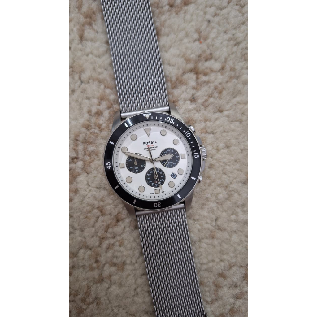Fossil FB-01 FS5915 Men Chronograph – White Dial Mesh Strap (Full Set) (Preloved)