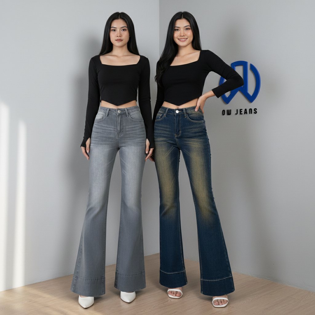OW Jeans - Cutbray Jeans Higwaist Lipat besar Jeans Strech Kekinian Wanita Tinggi Terbaru