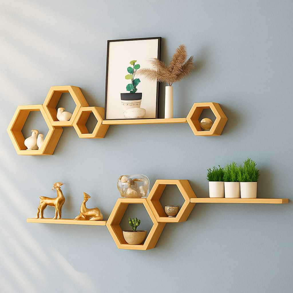 Rak Dinding Hexagonal Hiasan Tempel Minimalis Kayu Jati Aesthetic