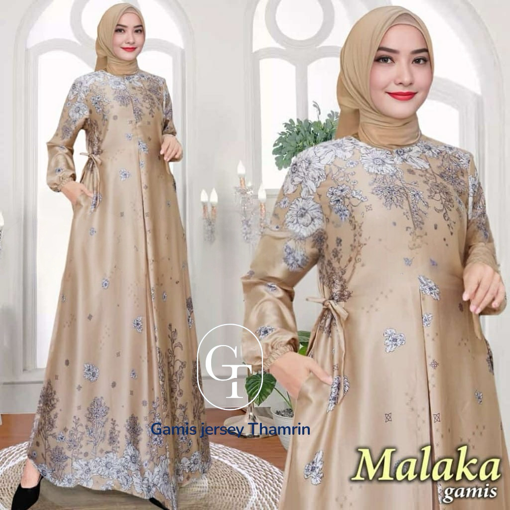 Gamis Dress Malaka Silk Premium// Gamis kekinian Silk Premium Motif Bunga//Gamiskondangan Silk Premi