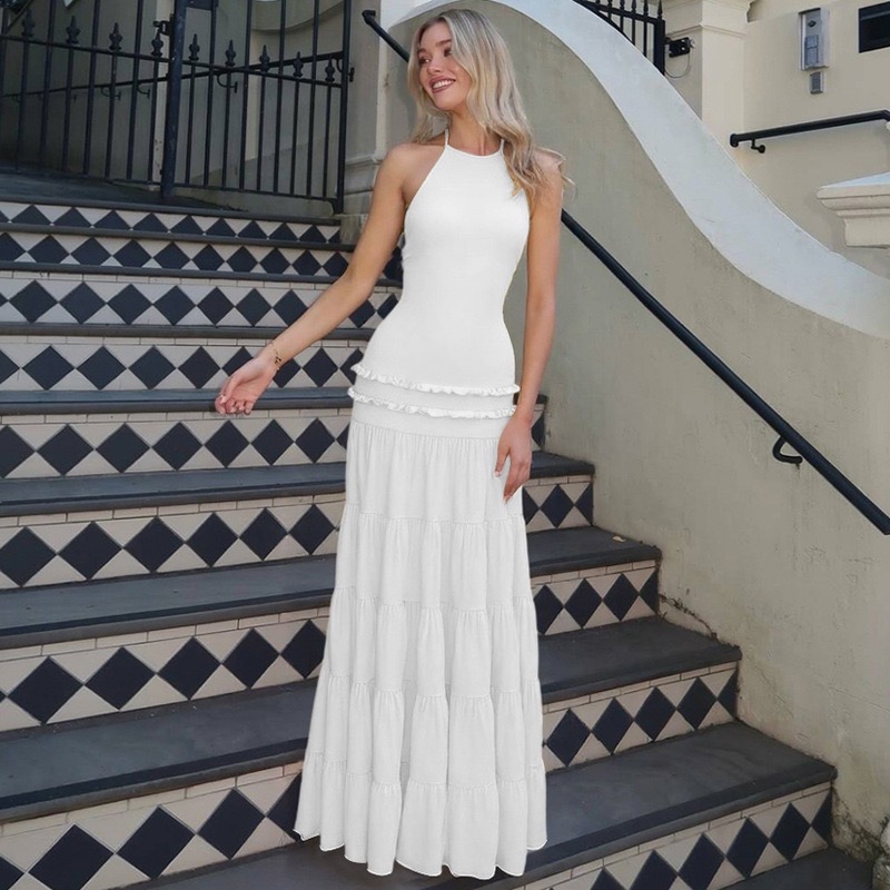 Arumi Dress terusan long gown gaun panjang maxi baju pakaian backless white putih halter ruffles bea