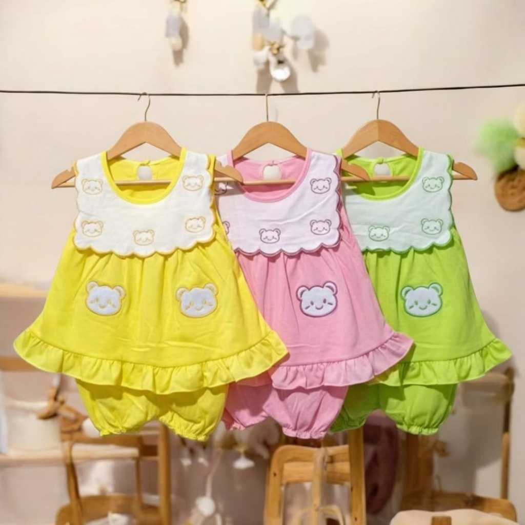 Terbaru ( 3 Stel ) Baju Stelan Bayi Floria Lengan Kutung Celana Pendek Kerut 0-18 Bulan