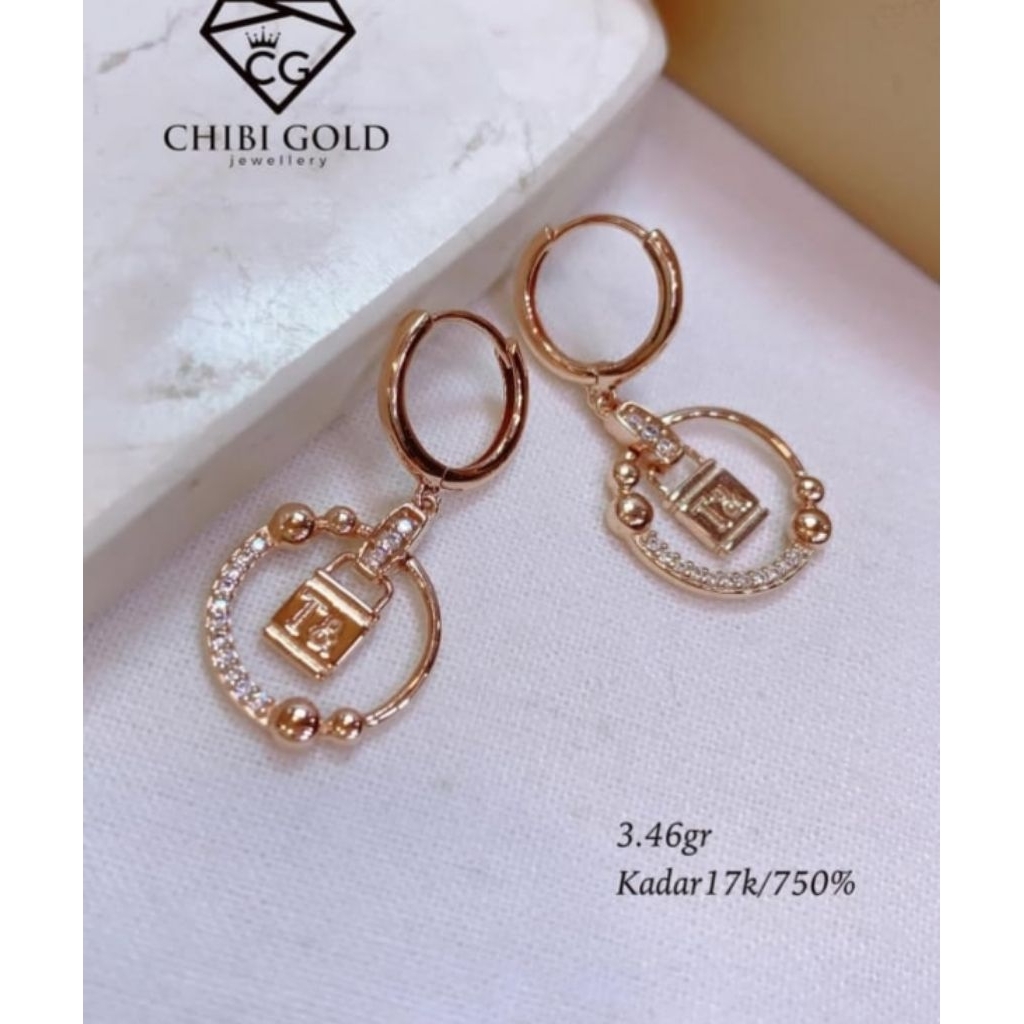 CHIBI GOLD JAWELLERY - Anting bulat gembok emas 750 kadar 17K - chibigold