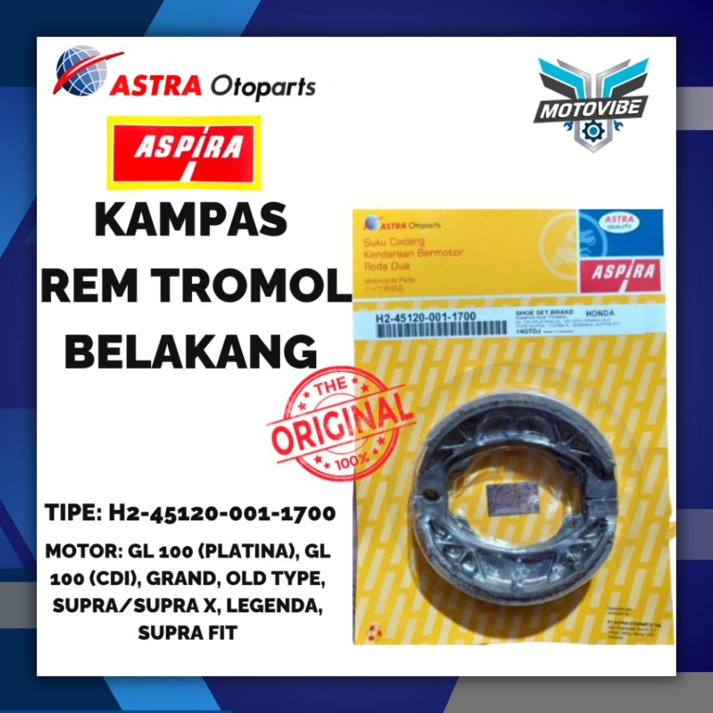 KAMPAS REM TROMOL BELAKANG ASPIRA ORIGINAL | GL100(PLATINA)/GL100(CDI)/GRAND/OLD TYPE/SUPRA/SUPRA X/