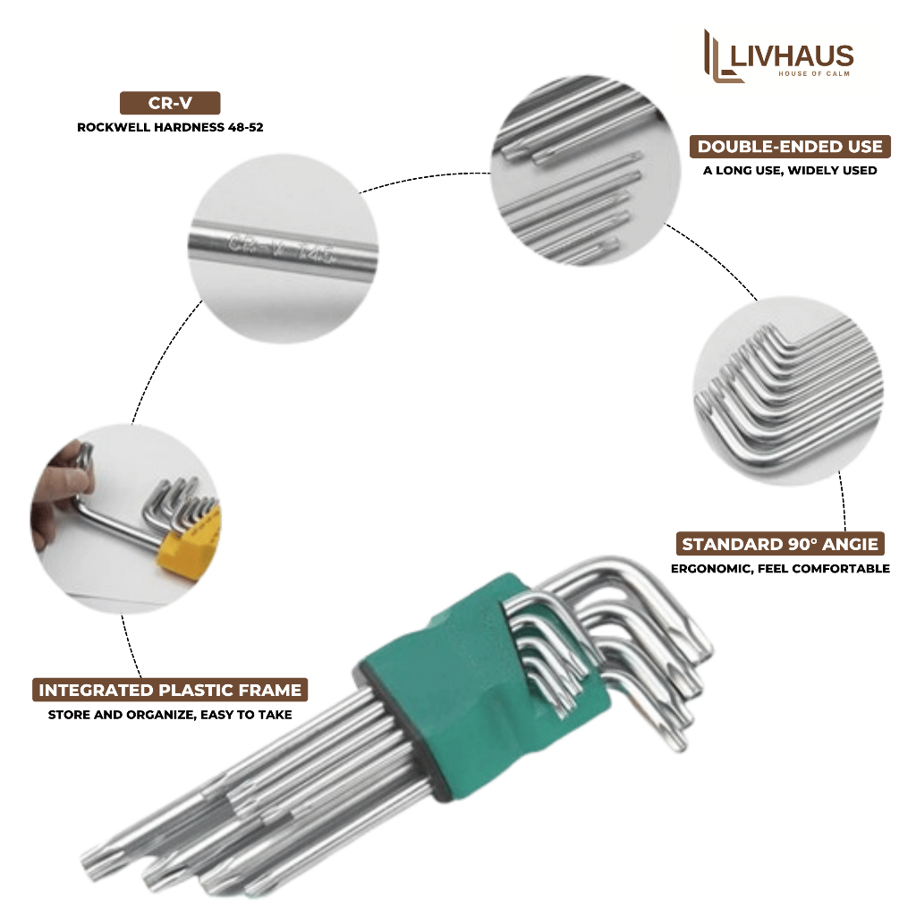 Kunci L Set Lengkap 9 PCS Bahan Vanadium Chrome Kunci L Bintang Kunci L Bintang Set Lengkap Kunci Bi