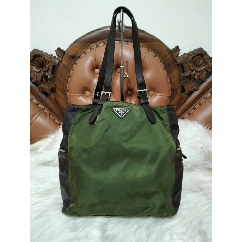 Prada Tessuto Green Brown Nylon Leather Tote Bag