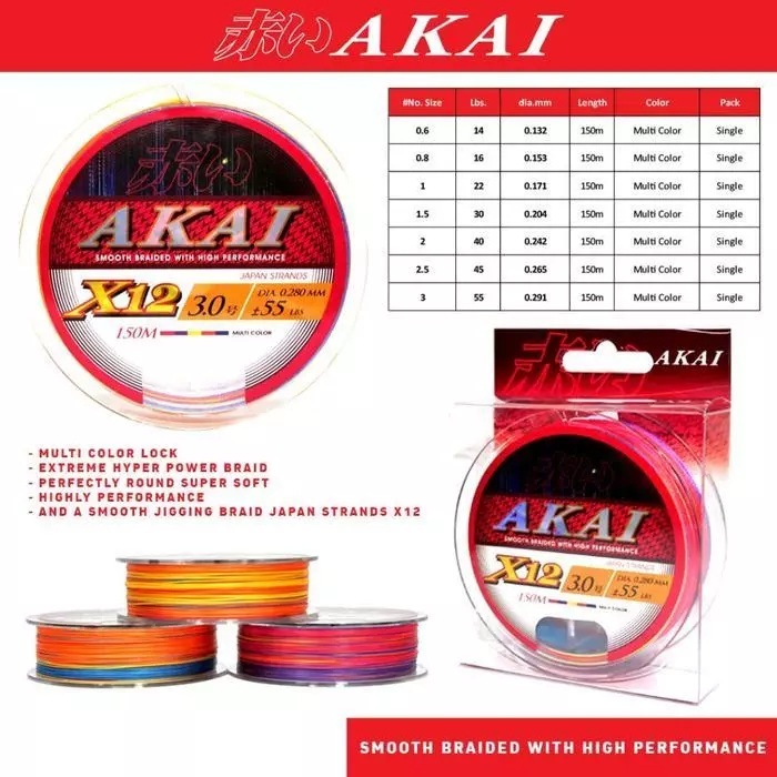 Senar Pancing/Tali Pancing PE AKAI X12 - 150 Meter (Multi Color)