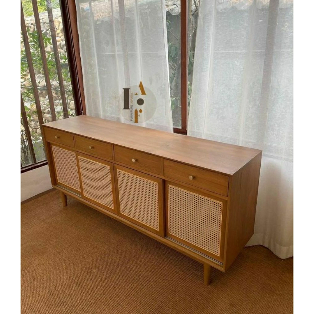 BUFFET TV JATI KOMBINASI ROTAN PANJANG 2 METER / KABINET TV MINIMALIS / MEJA TV