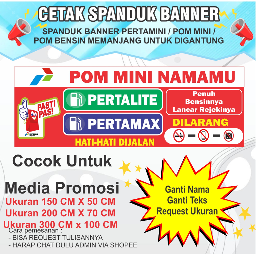 Cetak Spanduk Banner Pertamini / Pom Mini / Pom Bensin Memanjang Untuk Digantung
