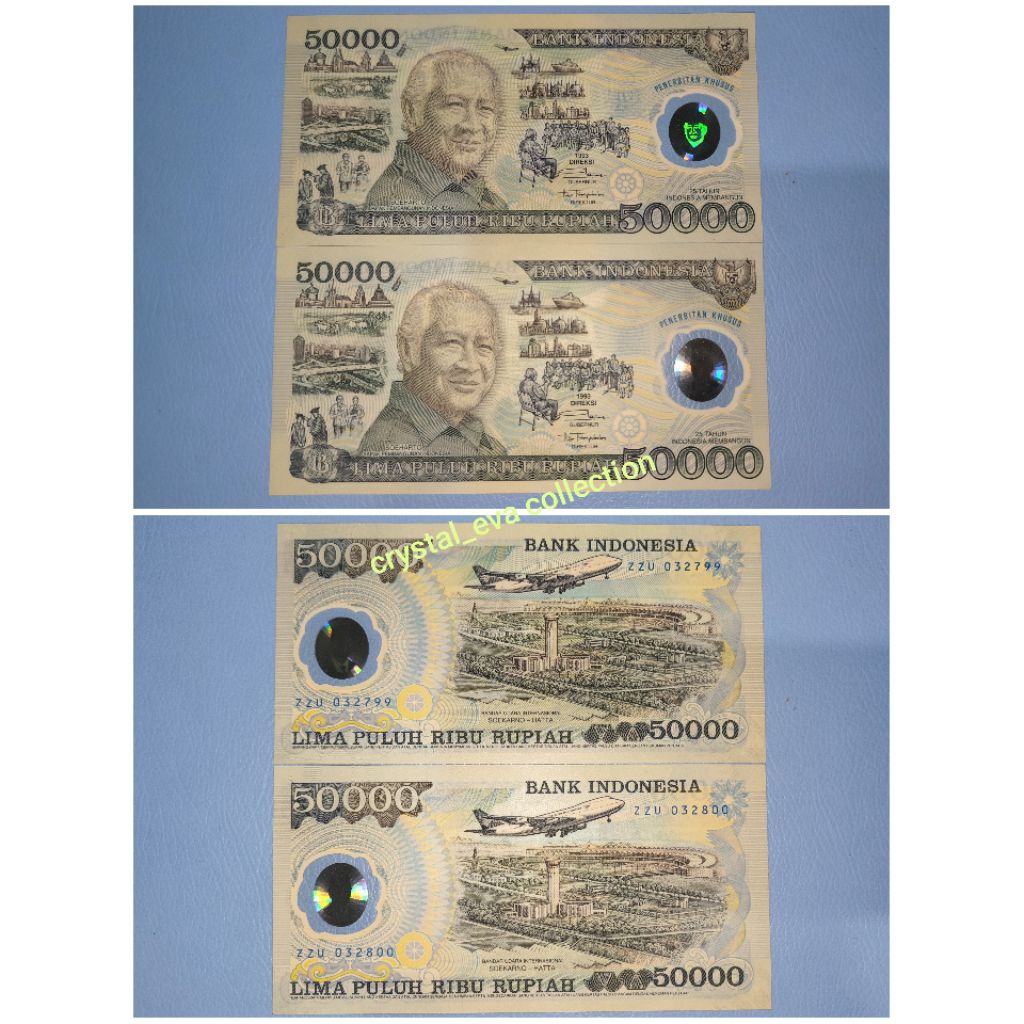 Uang Polimer Kuno 50000 Rupiah Soeharto Tahun 1993 (ASLI) Sepasang Urut Hologram Sempurna