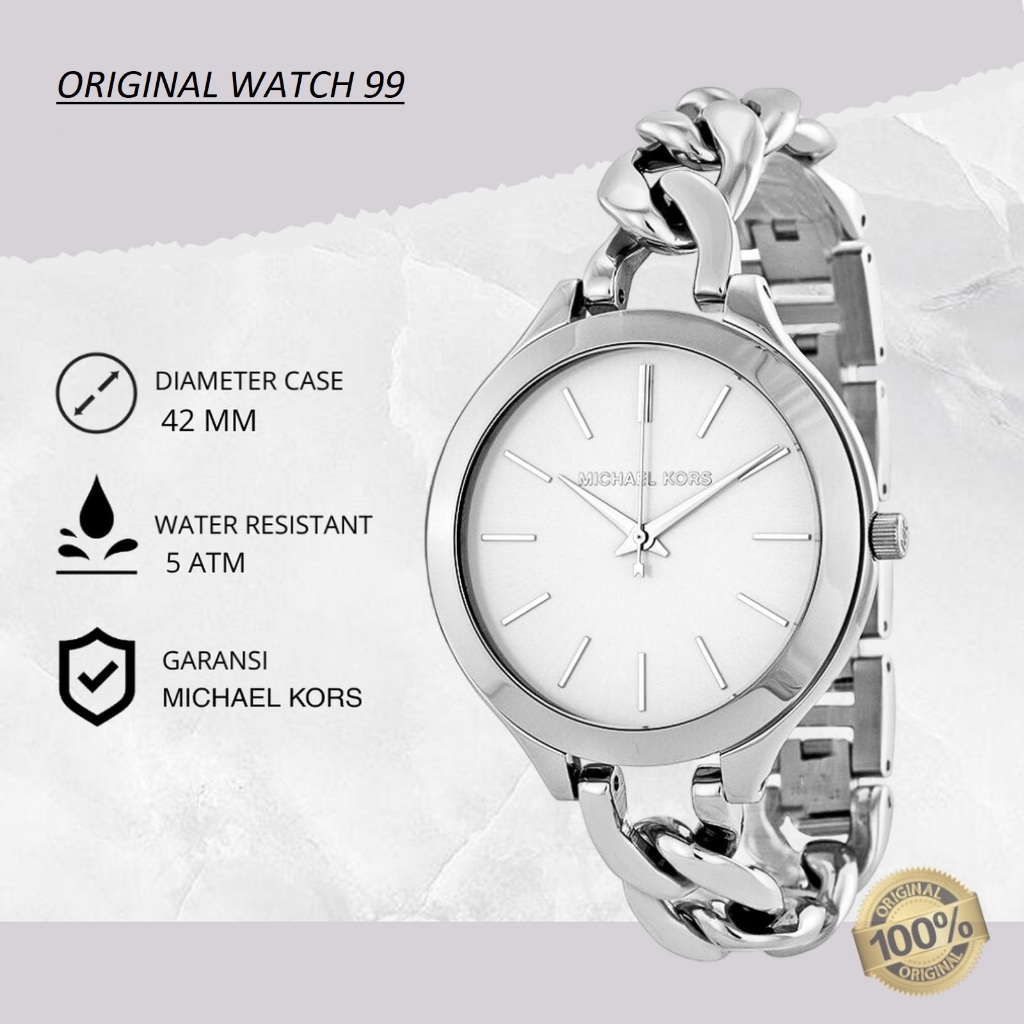 100% ORIGINAL Jam Tangan Wanita Michael Kors MK3279 Slim Runway Silver Stainless Steel Strap Rantai 