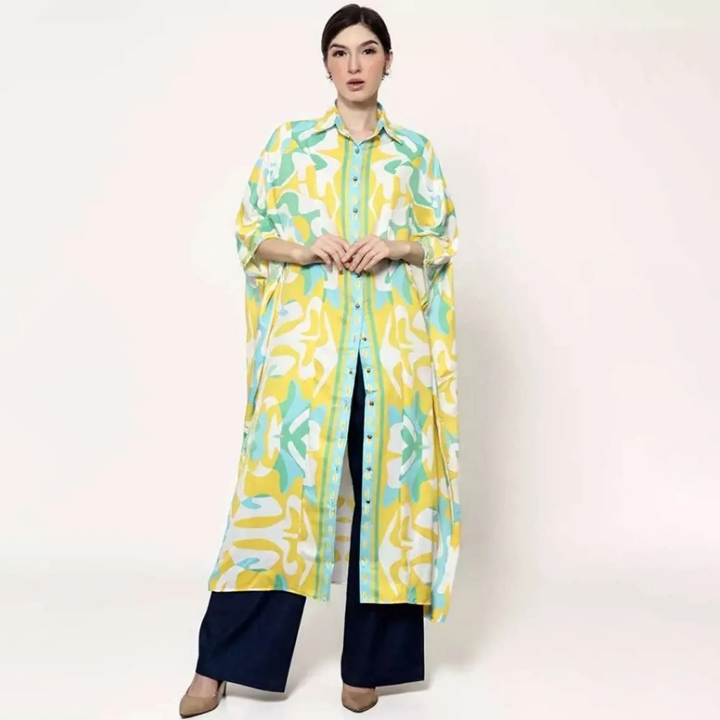 Kanzi Collection Collared Kaftan Abstract Yellow