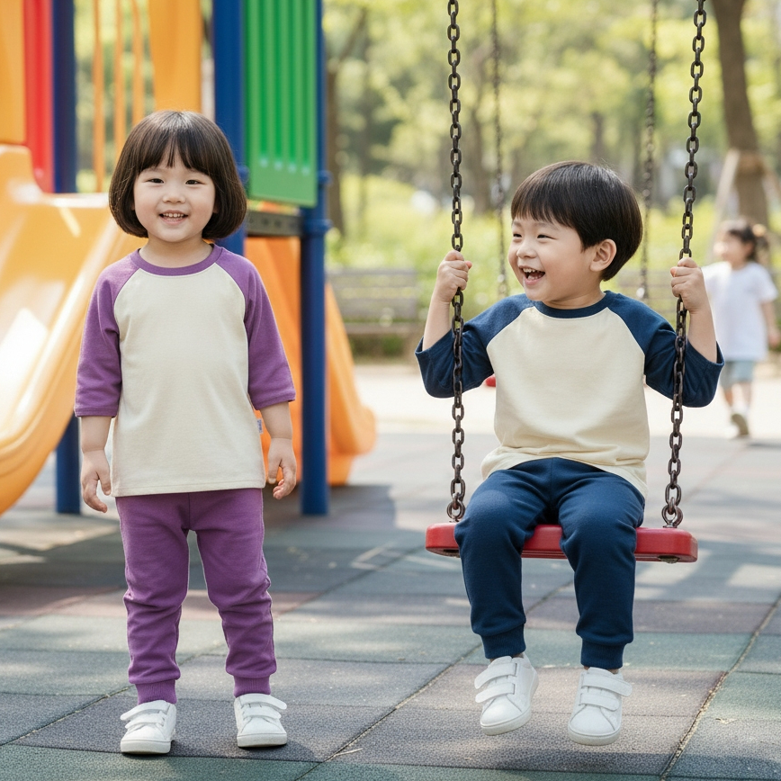 KIDDIECHIC Kaos Setelan  Lengan Panjang Raglan Anak Baju Anak Laki Laki Perempuan Basic cream Polos