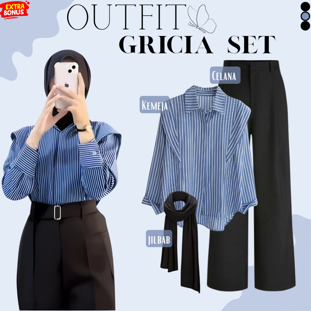 Gricia Set Outfit Wanita 3in1 (Kemeja Garis + Celana Kulot +Jilbab ) Setelan OOTD Kekinian Hijabers