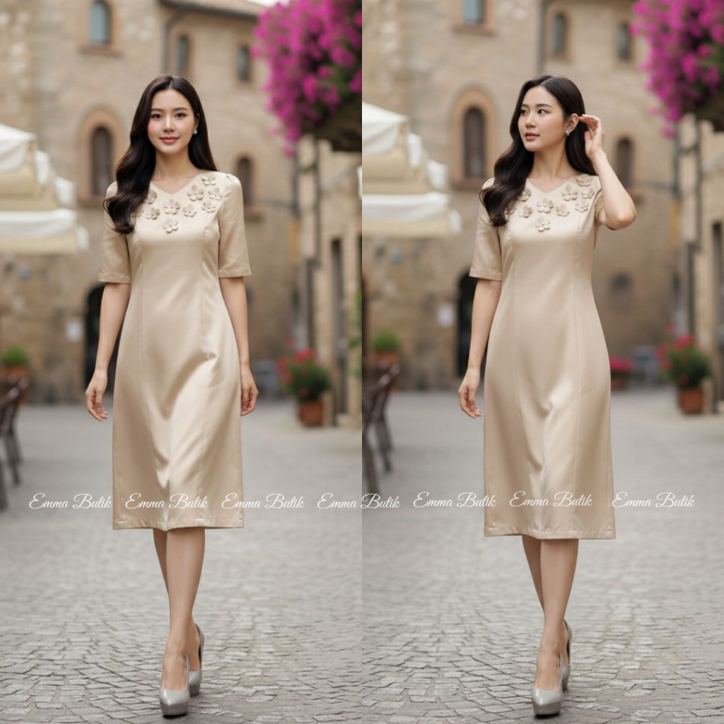 Emma.Butik E00515 Gaun Mewah Wanita Pesta Satin Bridal Midi Dress Gold Gereja Bunga Kondangan Cantik