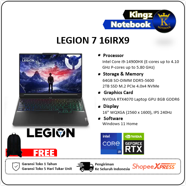 Lenovo Legion 7i RTX4070 Core i9 14900HX 64GB 2TB SSD Win11 16" WQXGA 240Hz
