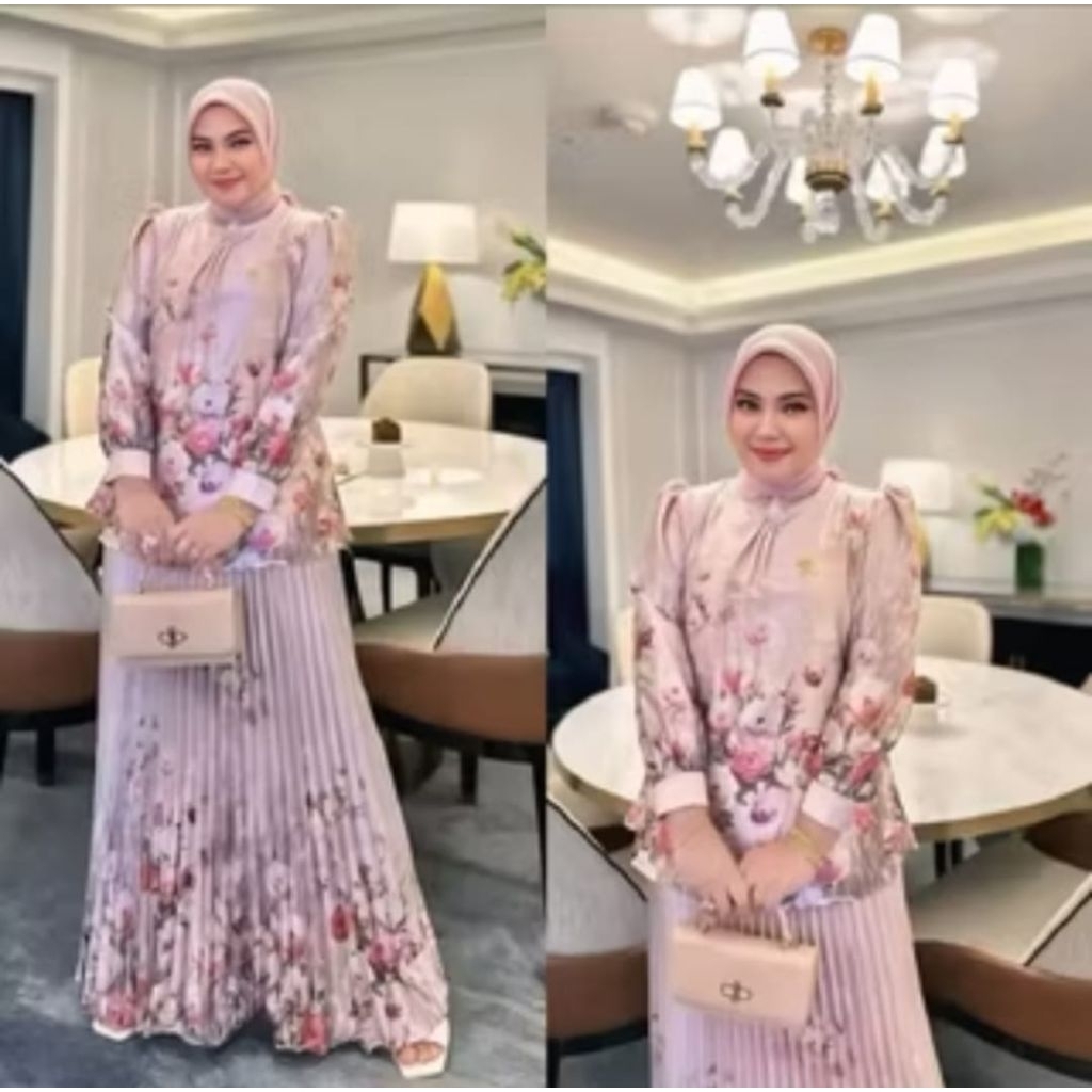 PROMO SET ROK SILK MAXMARA ROK PLISKET MUSLIM MOTIF BUNGA VIRAL