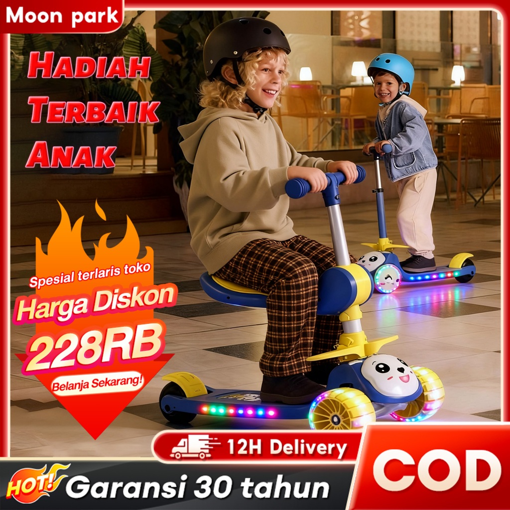 Beige Skuter Anak Roda 3 Bisa Lipat Lampu Roda Sepeda Duduk Hadiah Anak Murah Skuter Anak Laki Laki