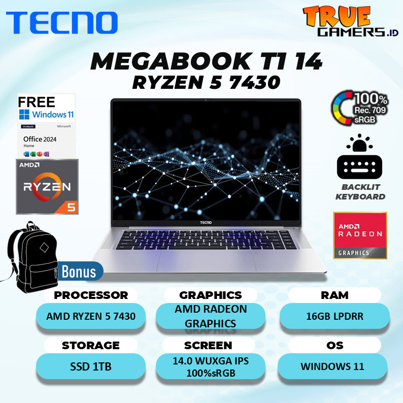 Laptop Tecno Megabook T1 14 Ryzen 5 7430 RAM16GB SSD 1TB Windows 11 + Office 14.0inch WUXGA 100%sRGB