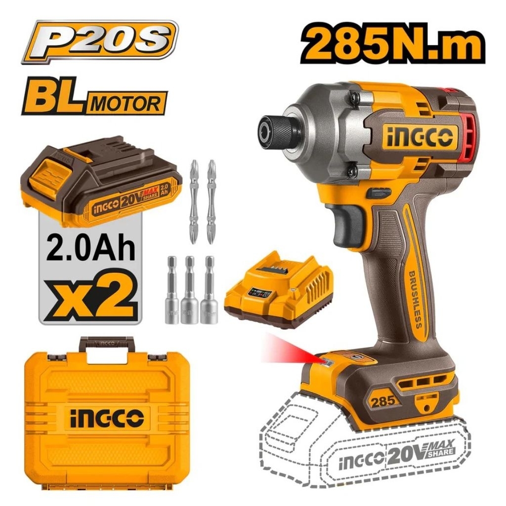 INGCO MESIN IMPACT DRIVER 285Nm BRUSHLESS 20V / MESIN BOR OBENG BATERAI 20V CIRLI2028 INGCO INDUSTRI