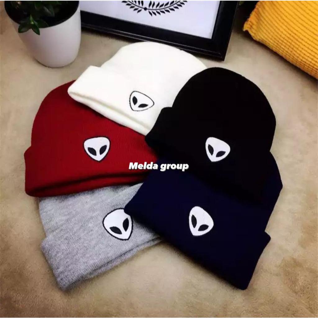 Kupluk Rajut Beanie Hat Alien Bordir Premium Putih Pria Wanita Unisex Topi Korea Streetwear