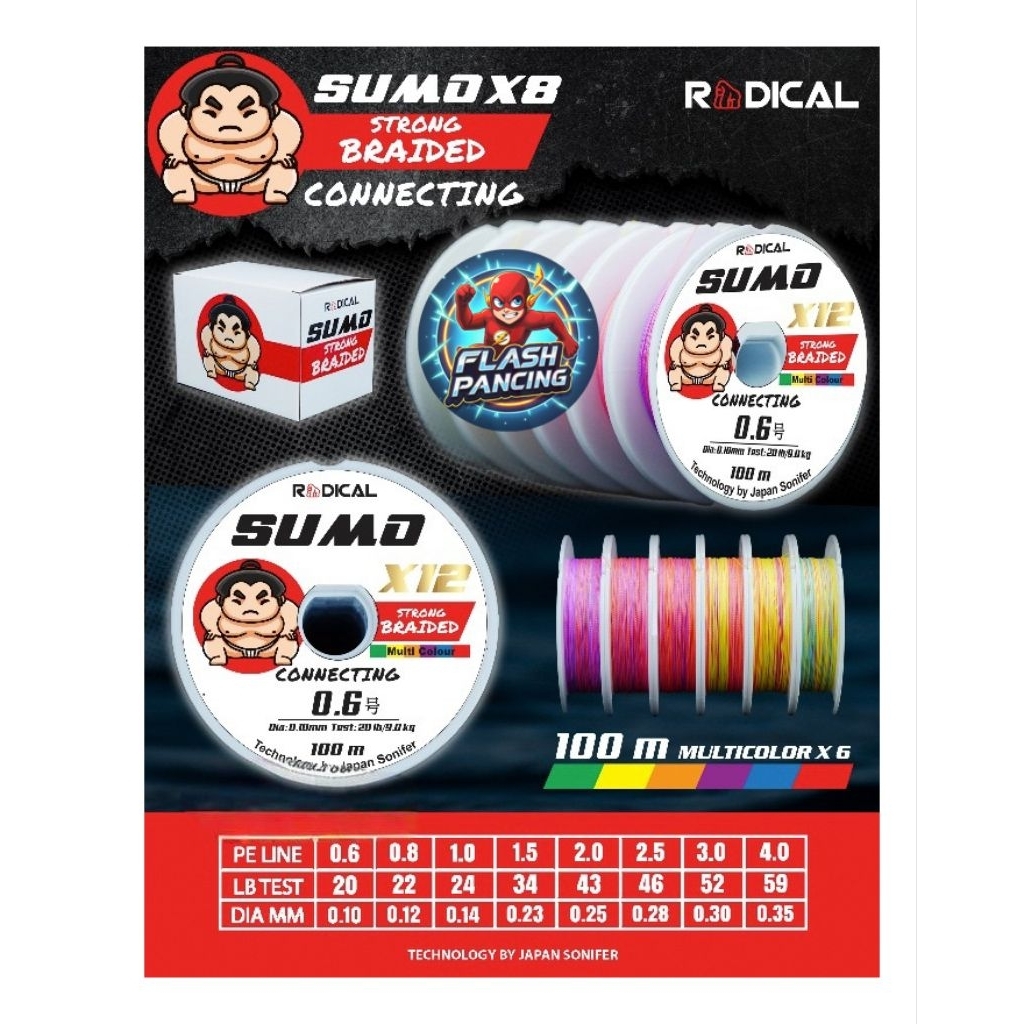 SENAR PE SUMO (X8) & (X12) CONECTING (100M)(PE 0.6-4.0) MULTI COLOR