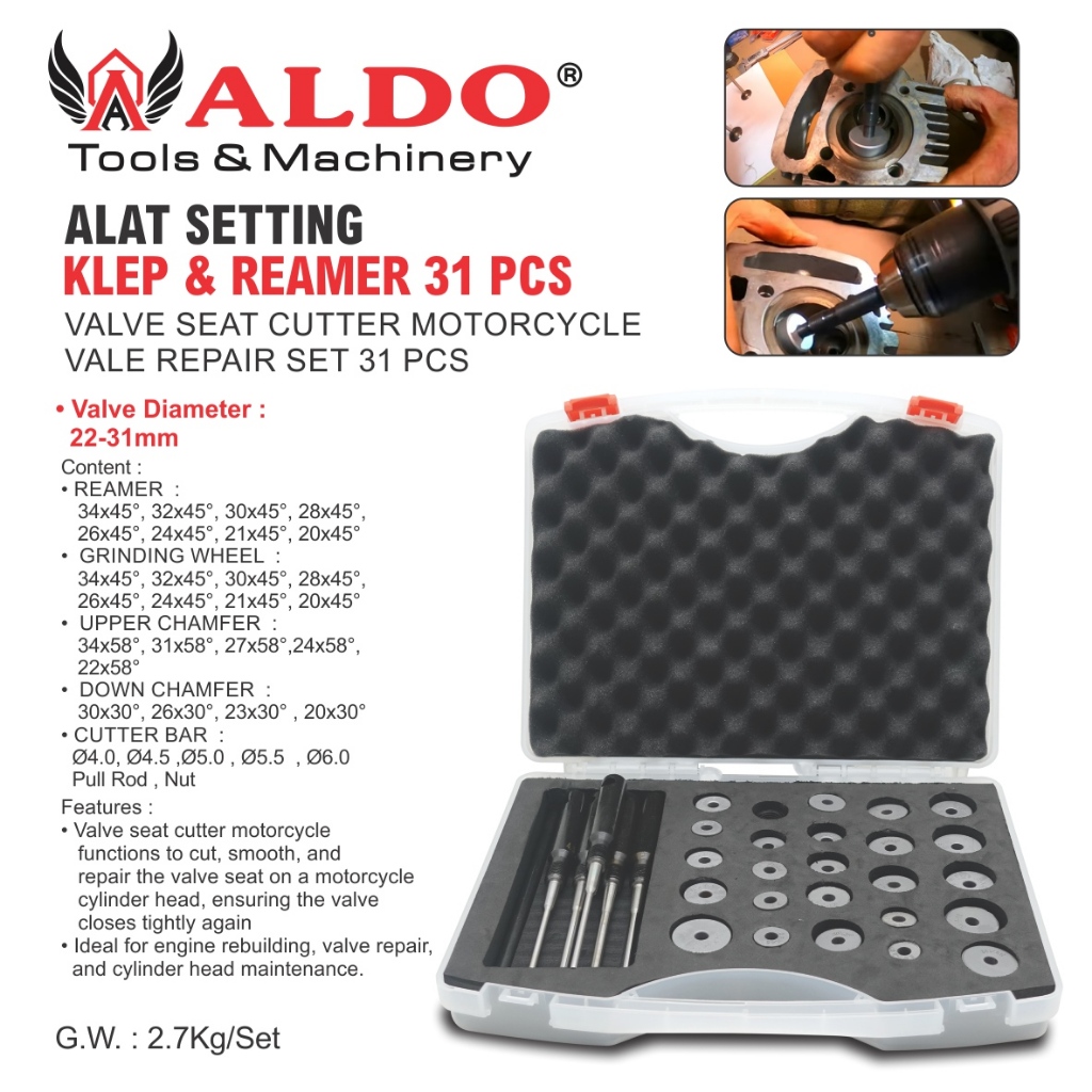 ALAT SETTING KLEP & REAMER 31 PCS / SETTING KLEP MOTOR / ALAT ATUR KLEP / VALVE SEAT CUTTER MOTORCYL