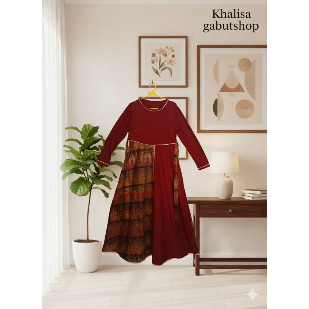 Dress Gamis Batik Merah Maroon Kombinasi Motif Etnik Keemasan PRELOVED