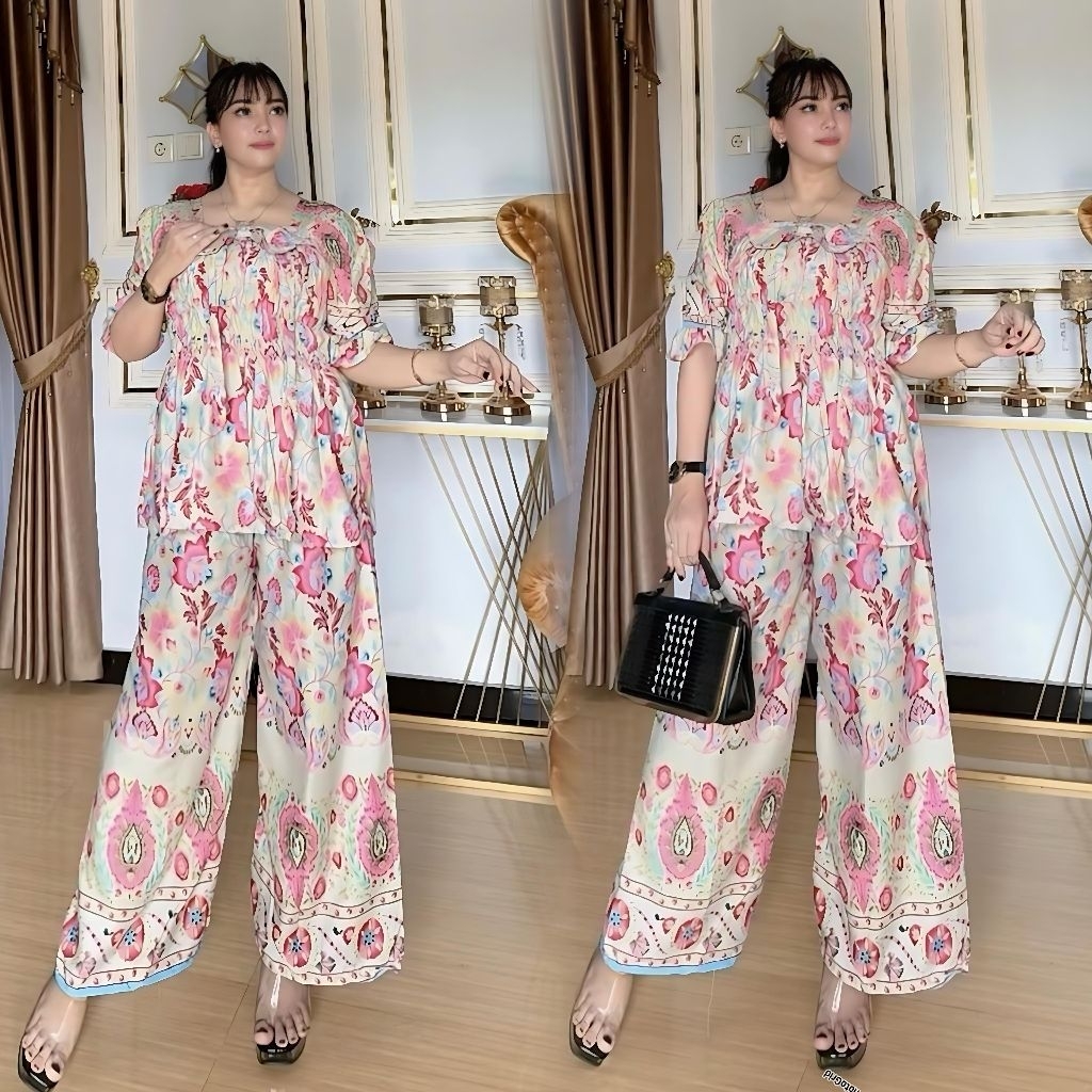 Kanaya Setcel baju wanita celana kulot bahan katun Rayon motif panjang remaja dewasa