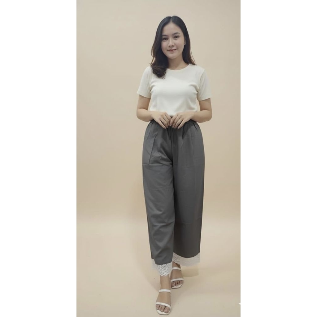 Celana Panjang Kulot Wanita Celana Pinggang Karet Renda Bawah Premium Celana Korea Style
