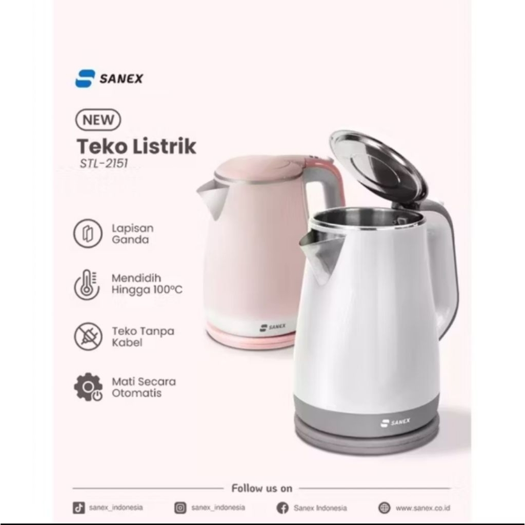 Sanex Teko Listrik Otomatis Design Cantik bahan bagus material Stainless Lapis Luar Plastik STL-2151