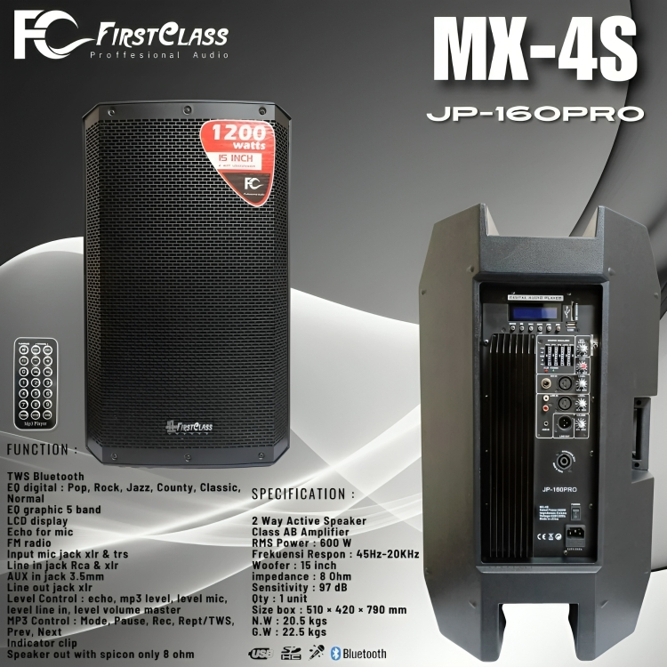 Speaker Aktif Portable First Class MX4S 15 Inch 1200 Watt/Speaker Audio Bluetooth First Class MX4S 1