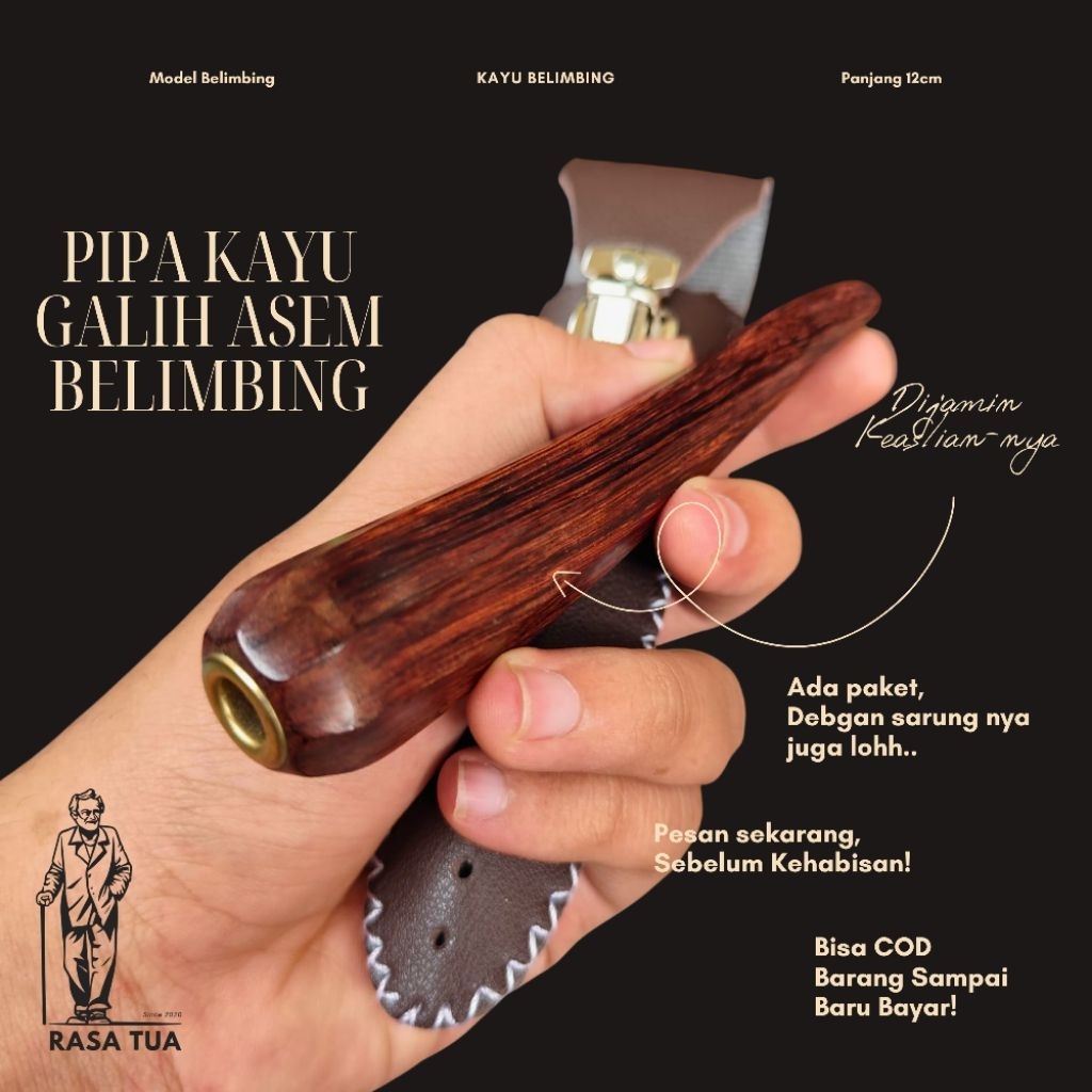 Pipa Padud Once Cangklong Kayu Galih Asem – Model Belimbing Panjang 12cm Elegan & Nyaman Dipakai